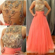 Vestidos De Festa Lange Prom Kleider 2017 Scoop Sleeveless Sheer Zurück Sweep Zug Tüll mit Kristall Formale Kleider Abendkleid