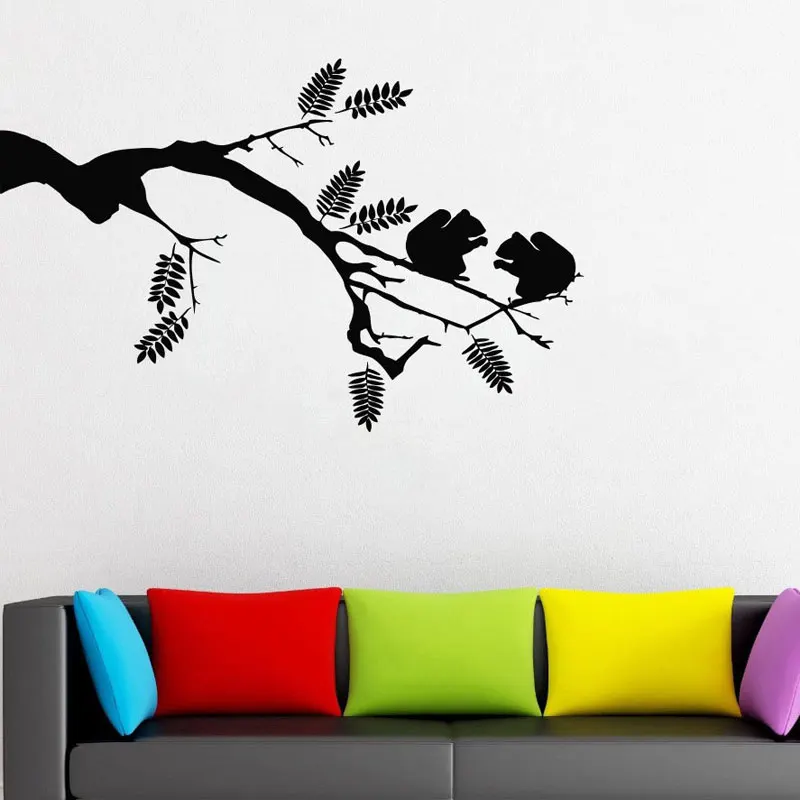 

Squirrel Playing On Branch Wall Decal Custom Large Silhouette Branch For Living Room Fashion Vinyl Sticker Murals LR60