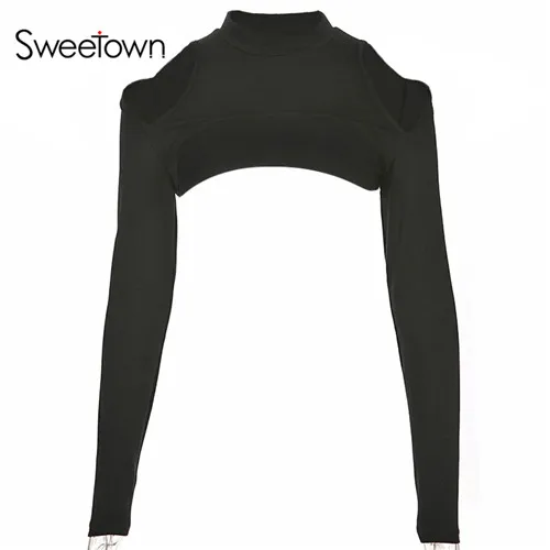 Sweetown, сексуальный укороченный топ с открытыми плечами, футболка, черная, осенняя, летняя, с длинным рукавом, футболка, Femme, сексуальная, открытая, Корейская футболка - Цвет: black