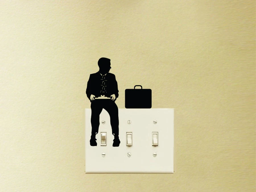 

Middle-aged Man Holding Food Looking At The Briefcase Next To It Light Switch Decal And Graphics Vinyl Sticker GA391