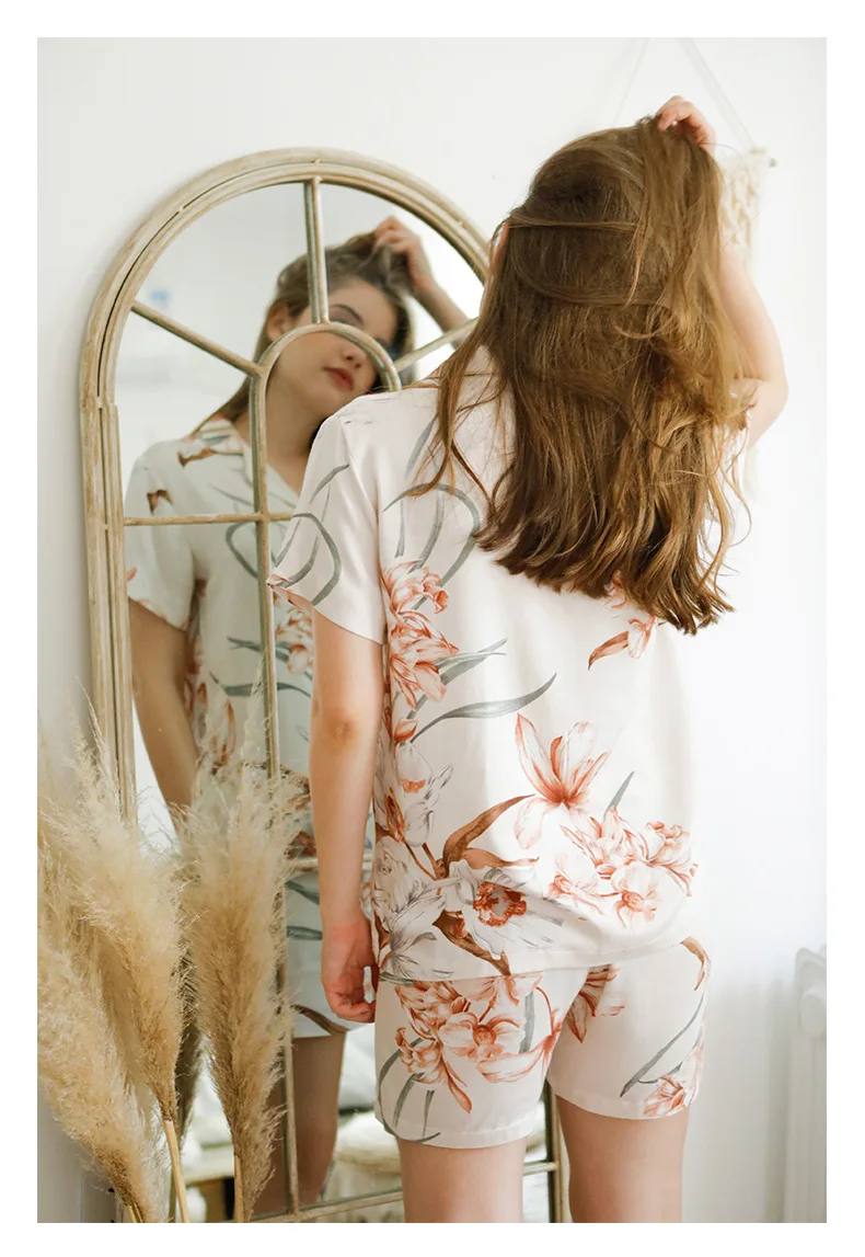 Летний Простой сатин пижамы короткий рукав Орхидея печать пижамы вискоза пижамы шорты Домашняя одежда женские пижамы 2 шт