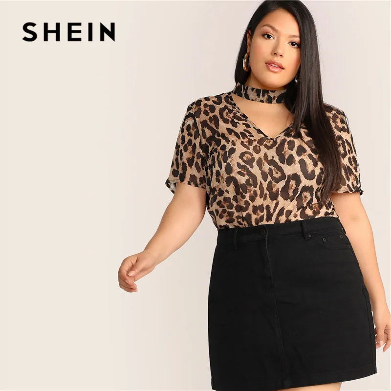 SHEIN женская блузка чокер с леопардовым принтом размера плюс Стильная летняя