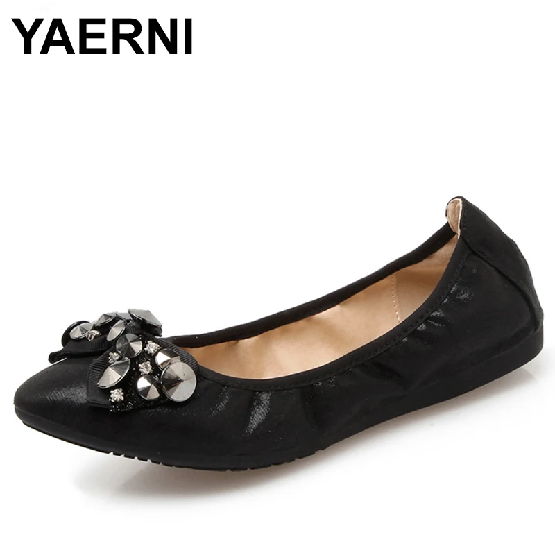 

YAERNI New 2018 Spring Summer Foldable Ballet Women Flats Large Size Egg Roll Shoes Woman Fashion Rivets Bow Zapatos mujer E733