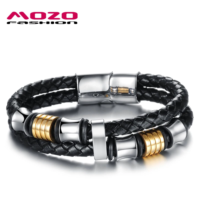 

MOZO FASHION Men Jewelry Black Leather Braided Rope Chain Stainless Steel Magnet Buckle Bracelets for Male Party Gifts PS887