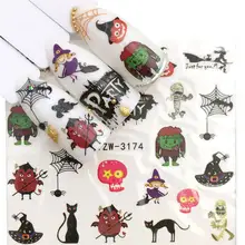 YWK, 1 лист, наклейки для ногтей, Водные Наклейки, серия Хэллоуин/паутина/шляпа ведьмы, наклейки для ухода за ногтями