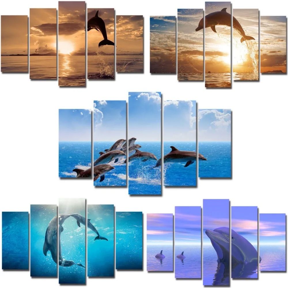 

5 pieces canvas painting jumping dolphings marine animals series wall mural picture decor printing for living room ready to hang
