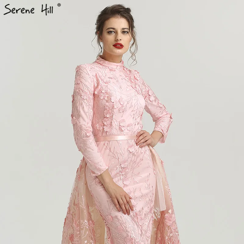 Мусульманские романтические розовые вечерние платья с длинными рукавами с высоким горлом ручной работы с цветами вечерние платья Serene hilm LA6308