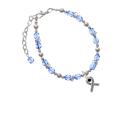 Silvertone Scroll Ribbon with Black Crystal Light Blue Beaded Bracelet