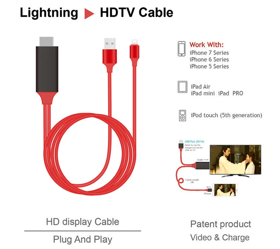 1080P HD Wifi Дисплей кабель адаптер HDMI кабель для iphone ipad к телевизору 2 м HDMI кабель для iphone 7 7 plus iphone SE 5 5S 6 6S Puls