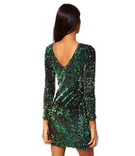 FANALA Sequined Dress Women Party Sexy Dress Stretch Bodycon Spring Autumn O-Neck Long Sleeve Backless Mini Dress Green Vestido