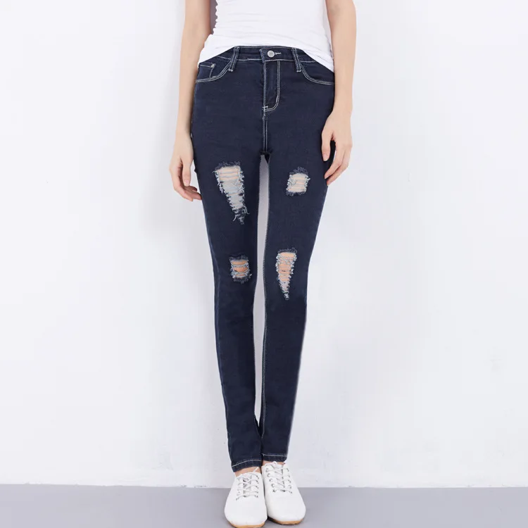 Летние Высокая Талия Женский Рваные джинсы для Для женщин карандаш брюки повседневные штаны окрашенные дамы винтажном стиле женские узкие джинсы