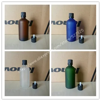 

100ml frosted clear/green/brown/blue glass bottle with black anti-theft plastic screw cap,essential oil bottle.