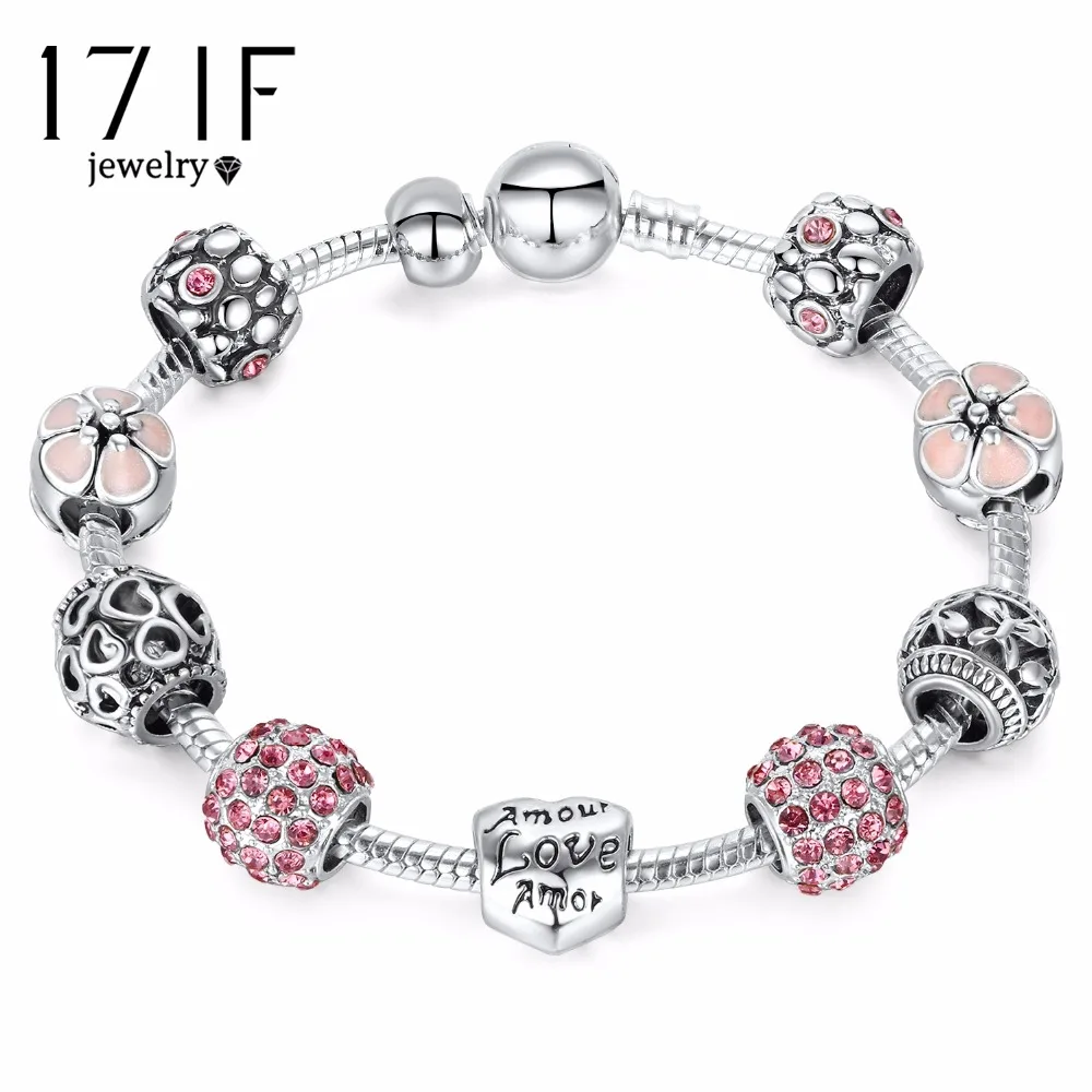 

17IF Antique Silver Charm Bracelet & Bangle with Love and Flower Crystal Ball Women Wedding Valentine's Day Gift