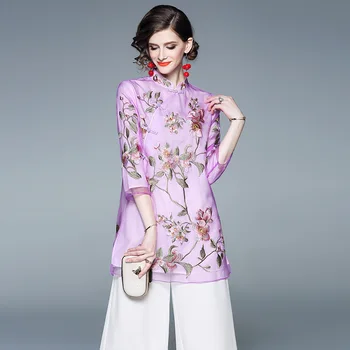 

Women Tops Plus Size 2020 Spring Vintage Flowers Embroidery Mesh Perspective Traditional Chinese Clothing Long Cheongsam Top