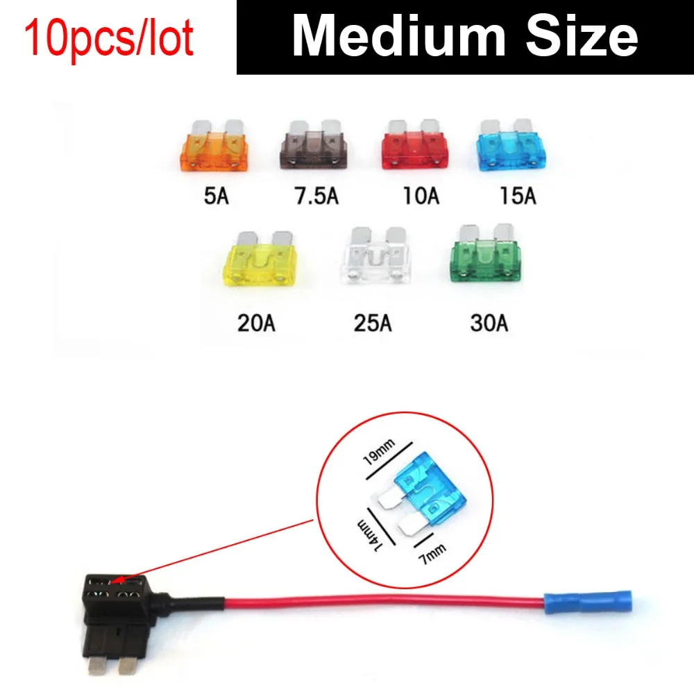 

10pcs Car Motor ADD Circuit Blade Style Fuse Adapter Cable APS ATT LOW PROFILE ATM LP FUSETAP TAP with Standard Medium Size