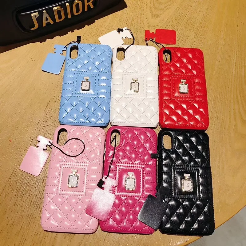 

Luxury Soft Lambskin PU Leather Cases For iPhone X XR XS Max 8 7 6S Plus Plaid Cover fashion brand perfume bottle