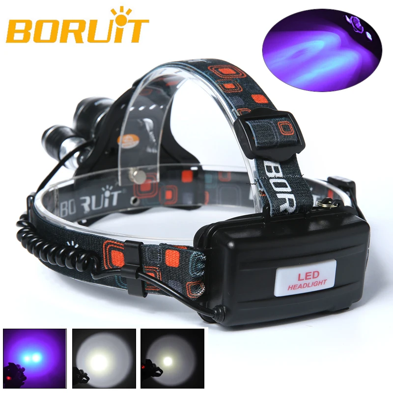 BORUIT 5000LM 3x XML T6 + 2R2 395nm UV Licht LED Stirnlampe kopficht EU Ladegerat для кемпинга рыбалки велоспорта