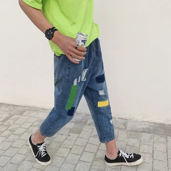 

2019 Summer Cotton Tide Brand Male Tsing Harun Thin Jeans Holes Bound Feet Easy Nine Part Pants hip hop Chinese Style Blue