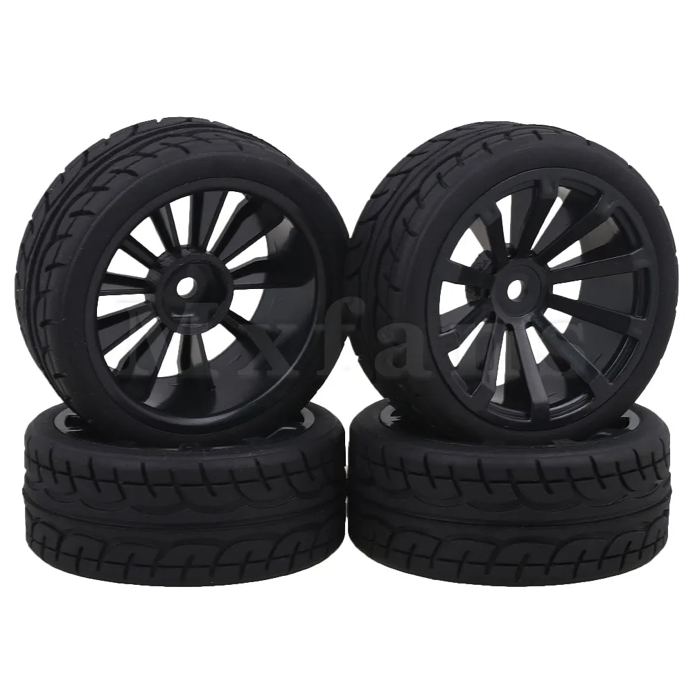Mxfans Black Plastic Wheel Rims E Shape Rubber Tires for RC 1 10 On Road Racing