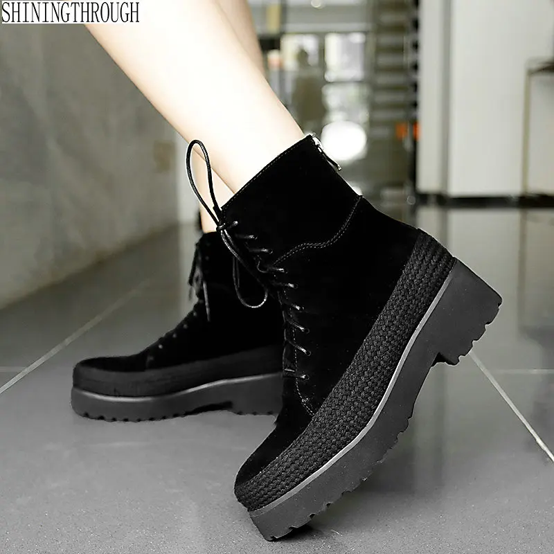 

Suede leather Women ankle motorcycle boots thick high heels platform ladies shoes woman lace up autumn winter boots black gray