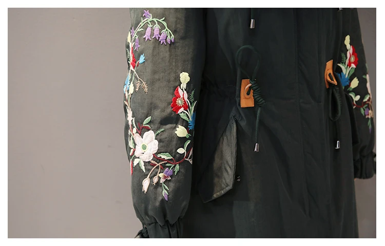 Хлопковое Женское пальто новая зимняя куртка с вышивкой Женская хлопковая парка с капюшоном и меховым воротником Длинная женская куртка большого размера женское пальто