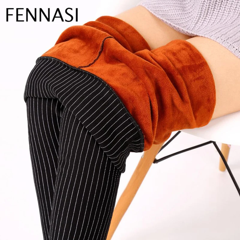 FENNASI, зимние женские теплые леггинсы с высокой талией, вертикальная полоса, плюс бархат, уплотненные, мягкие, тонкие штаны, пуш-ап, время приключений