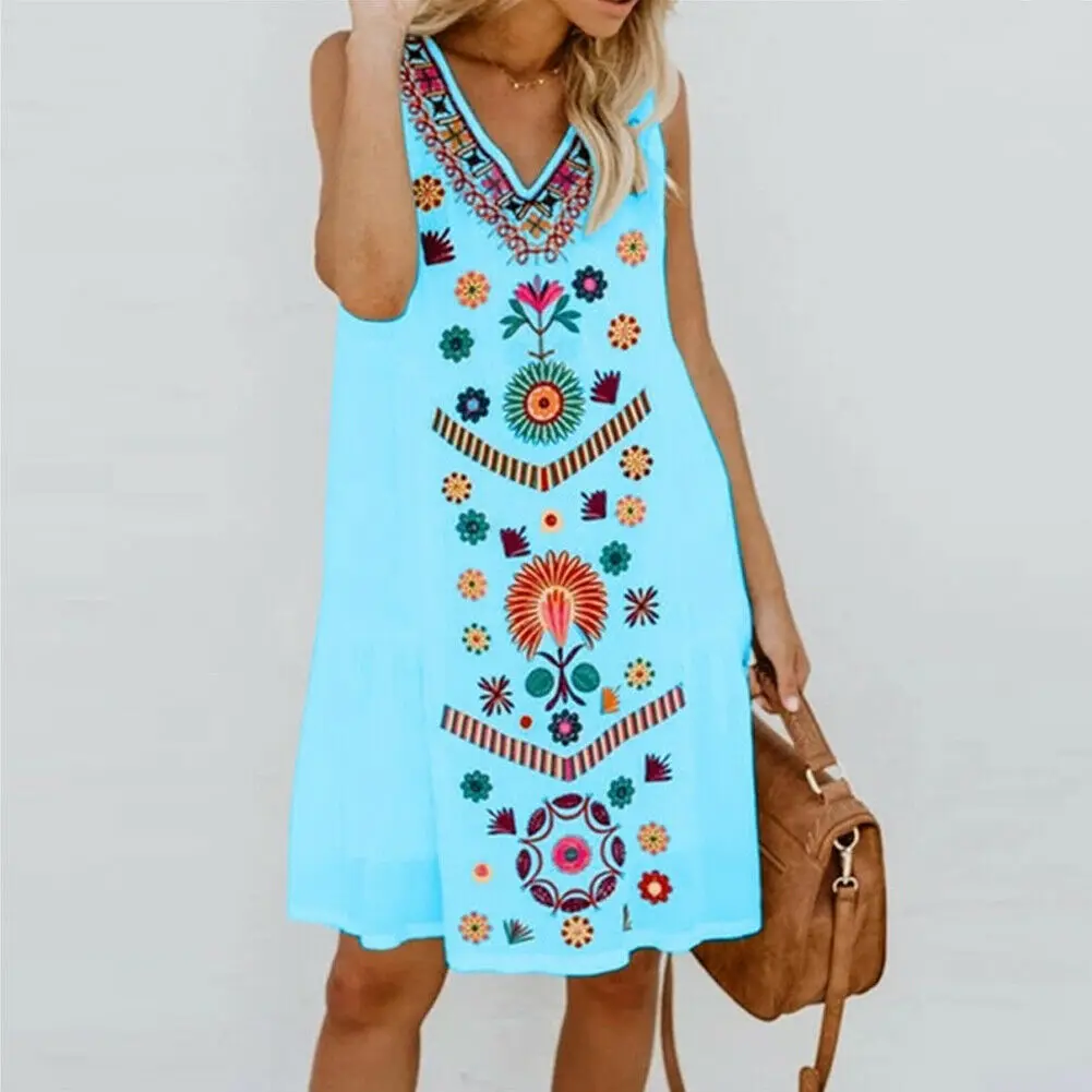 Женское платье Бохо без рукавов с v-образным вырезом цветочный принт дамское летнее повседневное пляжное свободное платье сплошного размера плюс 3XL платья Vestido - Цвет: Синий