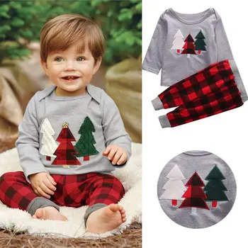 

2020 Unisex Toddler Kids Baby Boy Girl Clothes Christmas Tree Top T-shirt Plaid Pant 2pcs Outfit Clothing Set 1-6Y