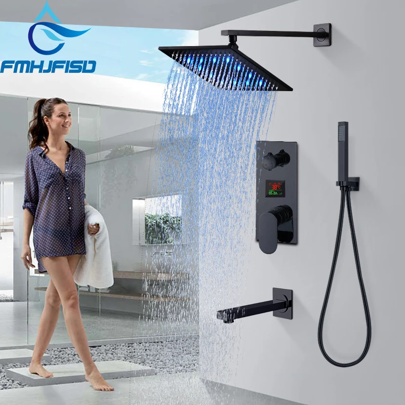 

LCD Digital Display Bath Shower Faucets Concealed Bathroom Faucet Embedded Box Triple Valve LED Shower Head