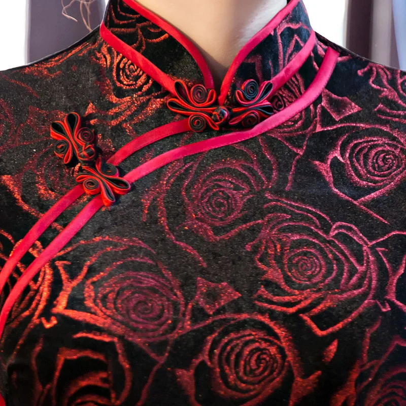 Black-Red Traditional Chinese Dress Women's Satin Long Cheongsam Qipao Flower Short Sleeve Chinese Oriental Dresses Size M-4XL (4)