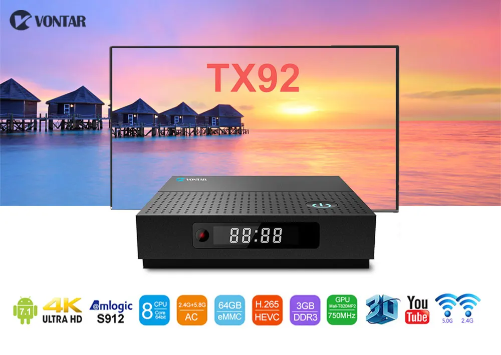 VONTAR TX92 3 Гб 64 ГБ Android tv box 7,1 Восьмиядерный 4K Amlogic S912 2,4 г/5 ГГц Wifi BT4.1 Сталкер медиаплеер телеприставка