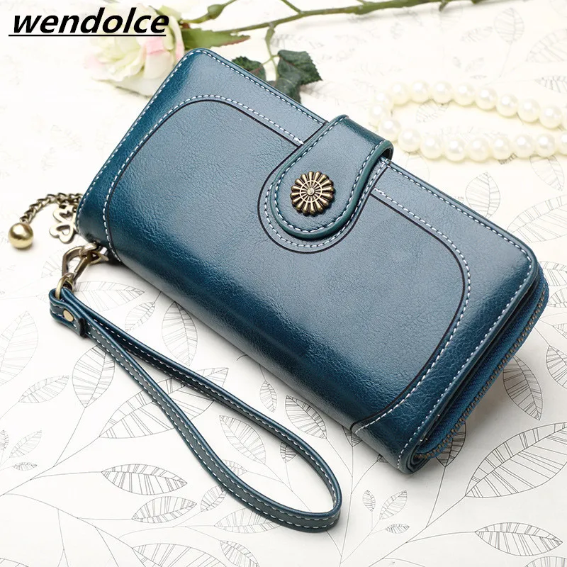 

Vintage Oil Wax Leather Wallets Women Long Purse Phone Pouch Zipper Purse Women Clutch Purses iPhone 7