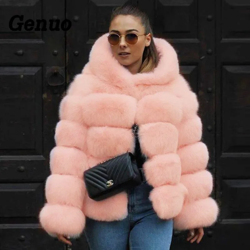

Genuo 2018 New Winter Coat Women Faux Fox Fur Coat Plus Size Women Warm Long Sleeve Faux Fur Jacket Hooded Fur Coat Overcoats