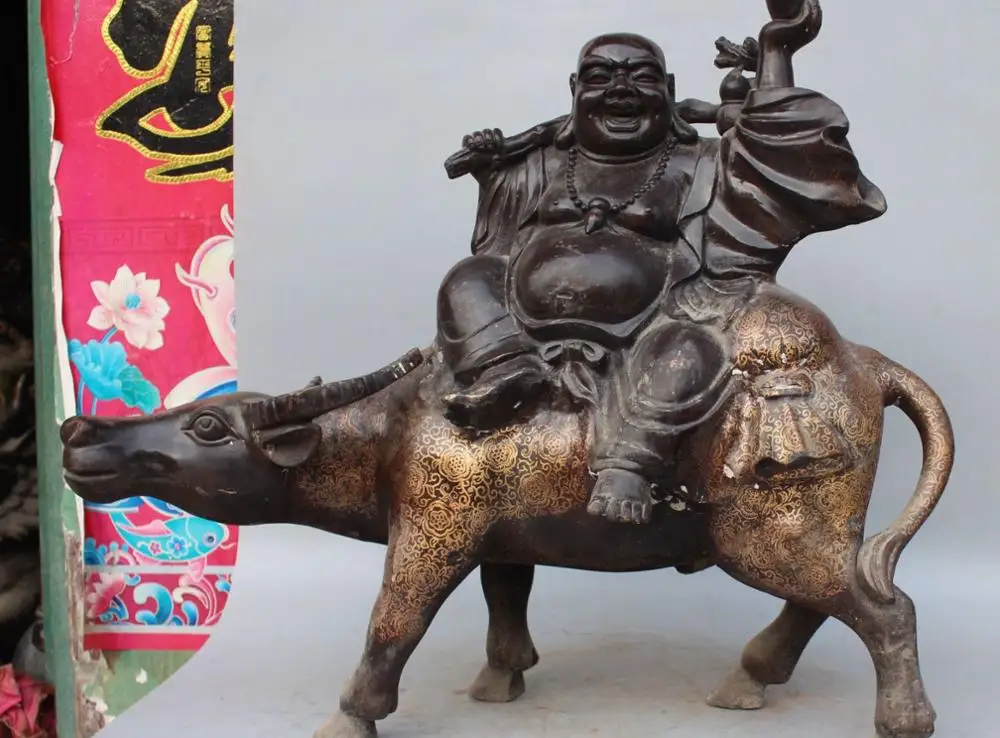 

24"Chinese Bronze Gilt Wealth Happy Laugh Maitreya Buddha On Bull Oxen Statue