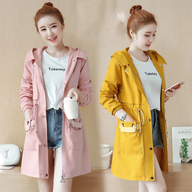 

Trench Women Coat Mid length 2019 New Casual Slim fit Coat Female Outerwear Long sleeve Hooded Zipper Coats Women AN021