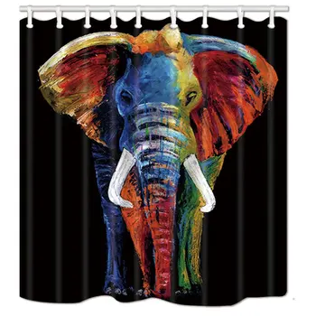 

Splashing Colorful Boho Animals Elephant in Black Bath Curtain Polyester Fabric Waterproof Shower Curtain