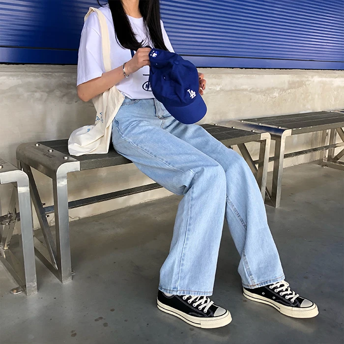 S-L весенние корейские стильные джинсы с высокой талией, женские повседневные Прямые голубые джинсы, женские джинсы для мам(X966