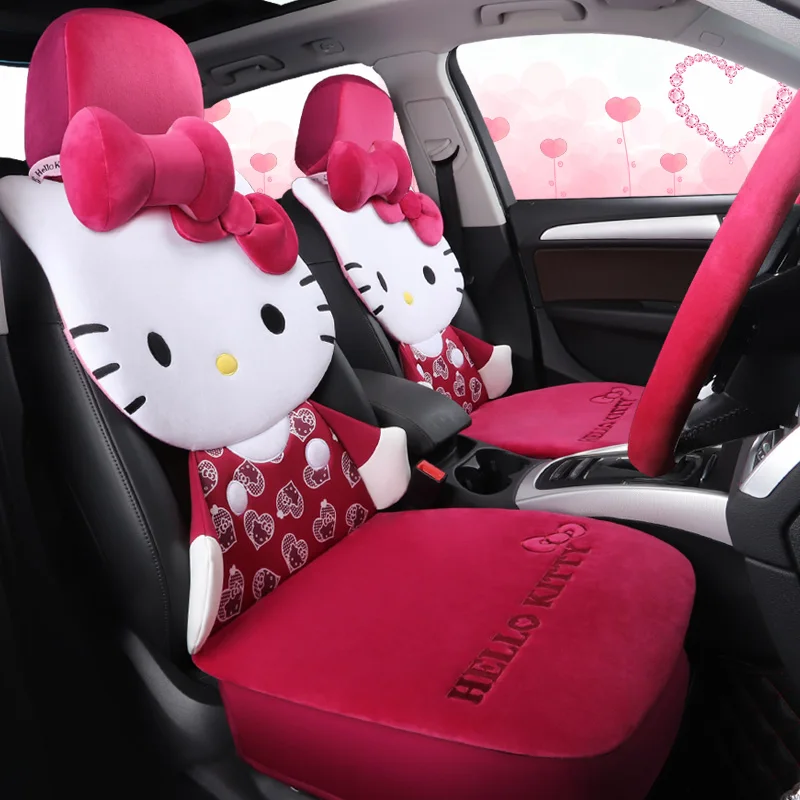 Мультяшный чехол для автокресла hello kitty, теплая плюшевая подушка для автомобиля, набор зимних авточехлов, универсальные аксессуары для всех автомобилей - Название цвета: HK003 Red