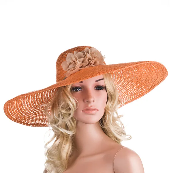 Большой широкий угол обзора с полями, солнце шляпа для Для женщин Кентукки Дерби шляпа с цветочным узором летние соломенные шляпы дамские соломенные пляжные Кепки A261 - Цвет: Orange