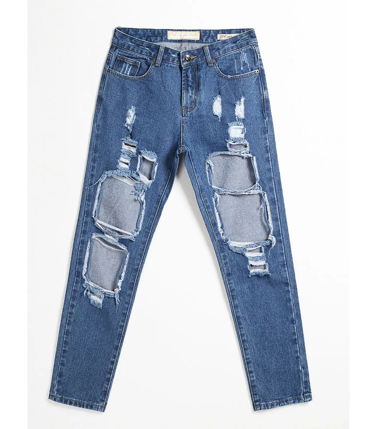 Новые модные рваные джинсовый женский Повседневный тертые с дырками Джинсы бойфренда для женщин обычные длинные рваные джинсы джинсовые брюки