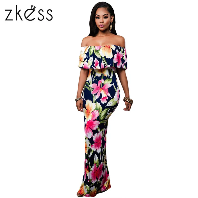 Zkess Tropical Print Dress Women Long Party Dresses 2017