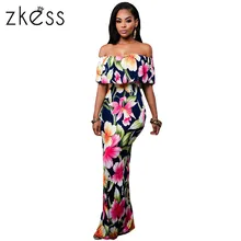 Zkess Tropical Print Dress Women Long Party Dresses 2017 Elegant Bohemia Dress Maxi Mermaid Gown Vestido de festa LC61189