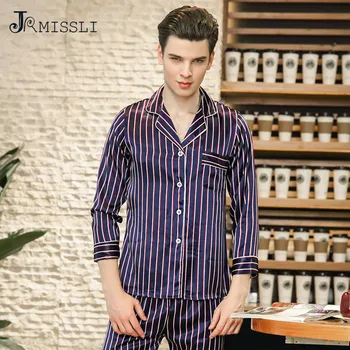 

JRMISSLI High Quality Men's Striped Silk Pajamas Male 2-Piece Pajama Pants Sets Comfortable Men Homewear Set