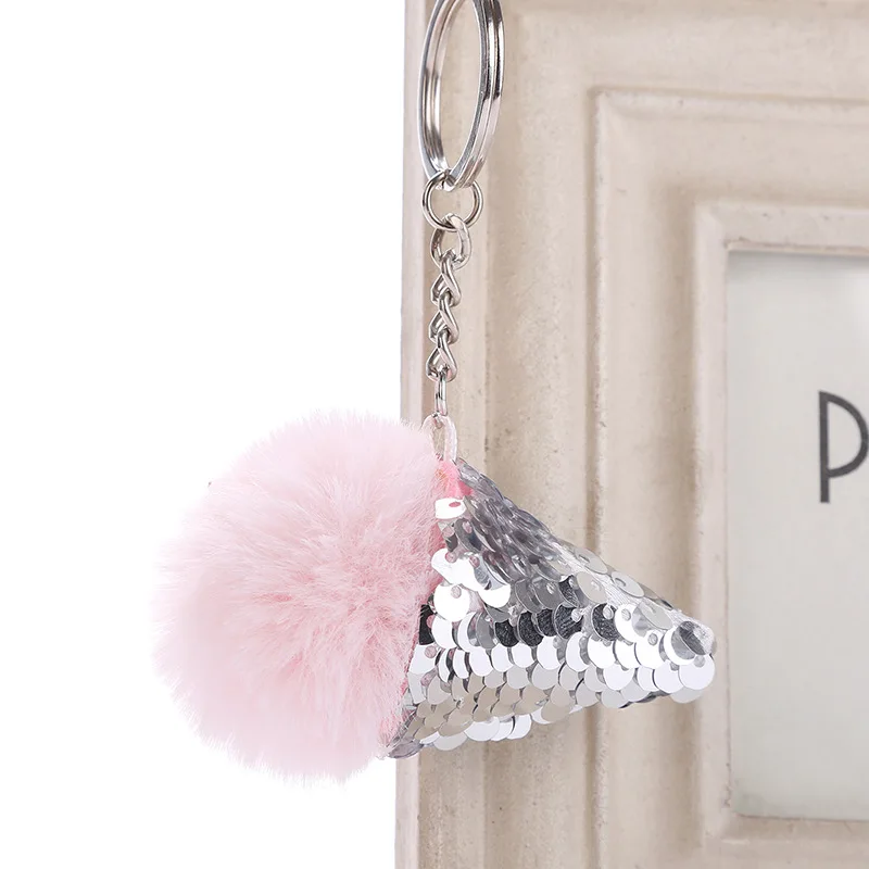 

Sequins Fur Ball Ice Cream Cone Keychain Furry Acrylic Key Chain Ring Keyring Pompon Backpack Women Shoulder Bags Pendant 6C1229