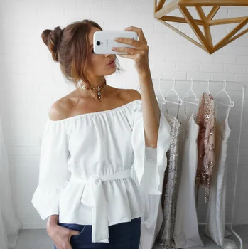 

Unicorn Direct Selling Sale Polyester Tops 2017 Europe And The Fashionable Women's T-shirt Solid Color Waist Belt Collar Female