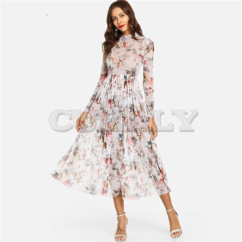 Image CUERLY Floral Elegant Sheer Pleated Dress Women Bohemian Fit and Flare Long Dresses 2019 A Line High Waist Beach Dress