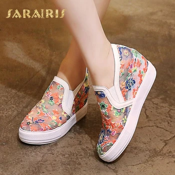 

SaraIris Women's Ethnic Flower Embossed Breathable Lace Summer Shoes Woman Hidden Wedge High Heels Platform Vulcanize Shoes