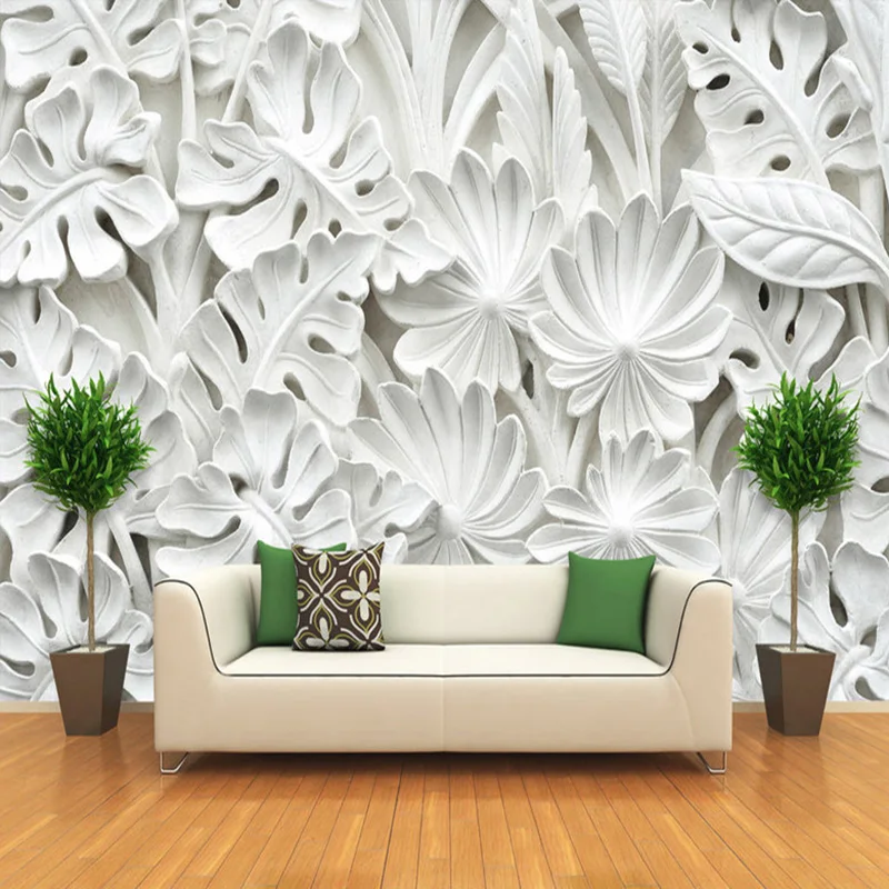3D стерео рельеф белые листья гипсовые фото обои Гостиная ТВ диван исследование фон стены ткань современный креативный арт фрески