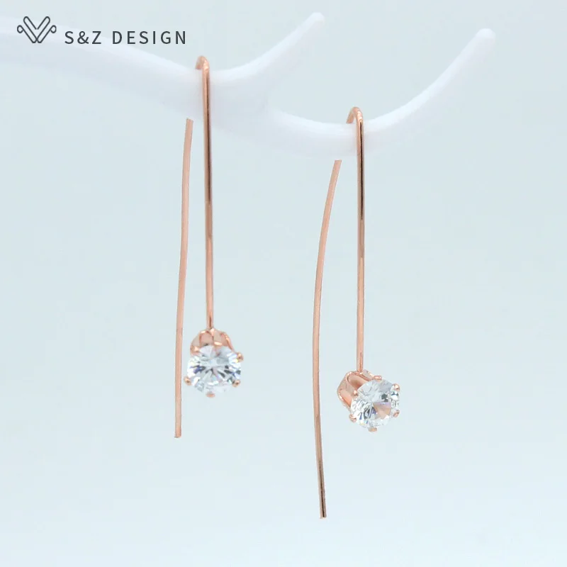 S& Z новые классические круглые длинные висячие серьги с кубическим цирконием 585 розовое золото японский/корейский стиль для женщин подарок на свадьбу - Окраска металла: white