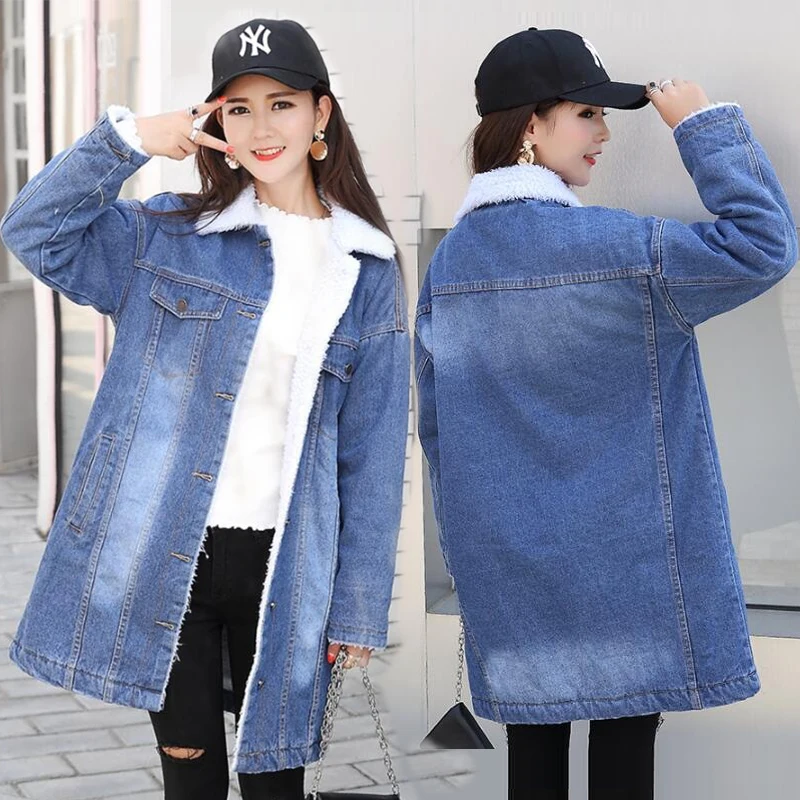 

winter Jean Jacket Women Oversized Crop Denim Jackets Vintage Long Sleeve Jacket Casual Loose Coat Warm fur Women Chaqueta Mujer